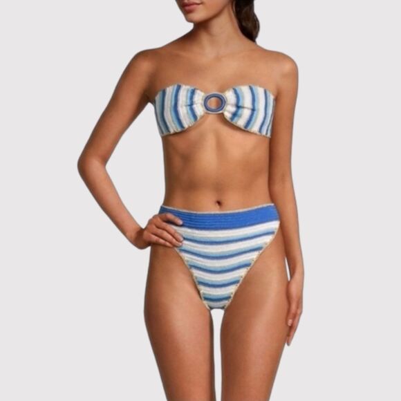 My Beachy Side Emily In Paris Bikini Bottom Blue Stripe Crochet High Leg Large - Picture 1 of 10